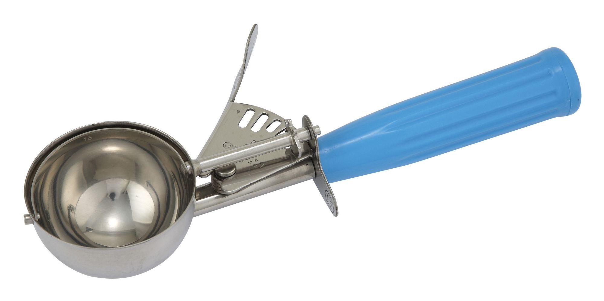 Winco ICD-16 Ice Cream Disher 2.75 oz. with Blue Plastic Handle Size 16