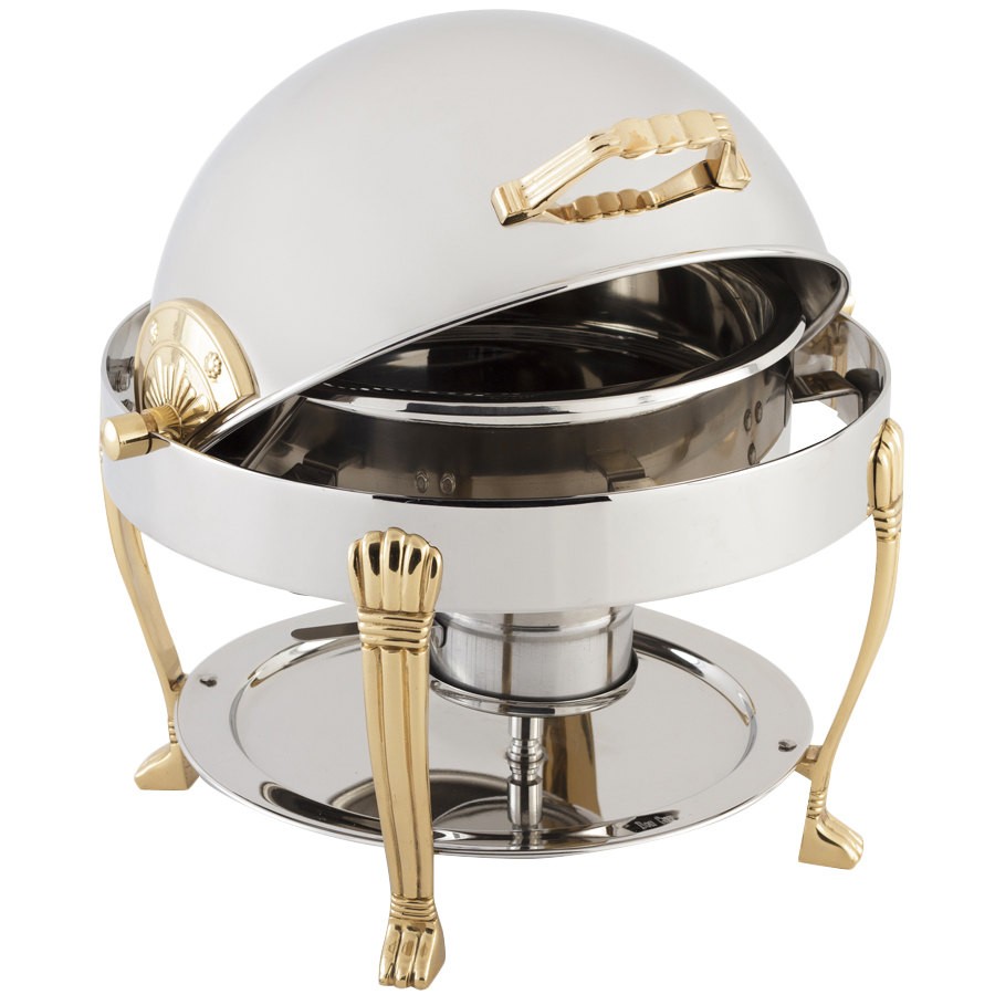 Bon Chef 12014G Petite Dripless Round Roll Top Chafer with Gold Plated Accents, Aurora Legs, 3 Qt.