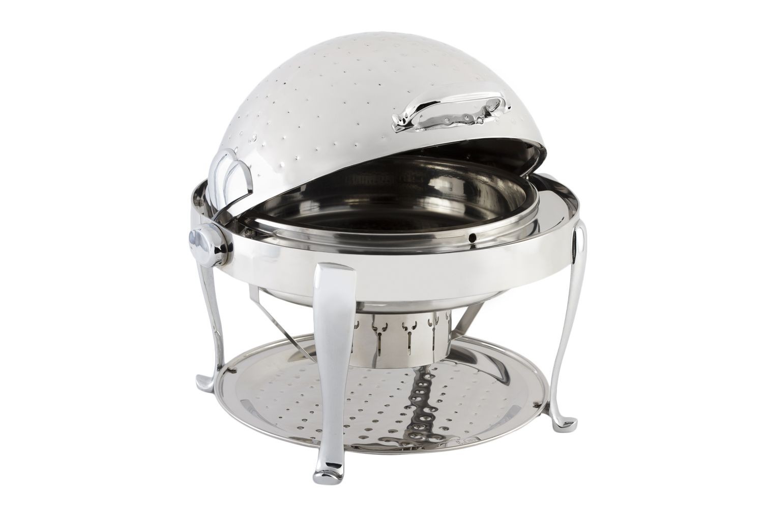Bon Chef 19000CHH Elite Dripless Round Chrome Trim Chafer, Hammered Finish, with Roman Legs, 8 Qt.