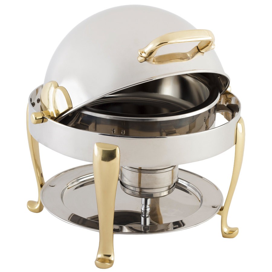 Bon Chef 19014G Petite Dripless Round Chafer with Gold Plated Accents and Roman Legs, 3 Qt.