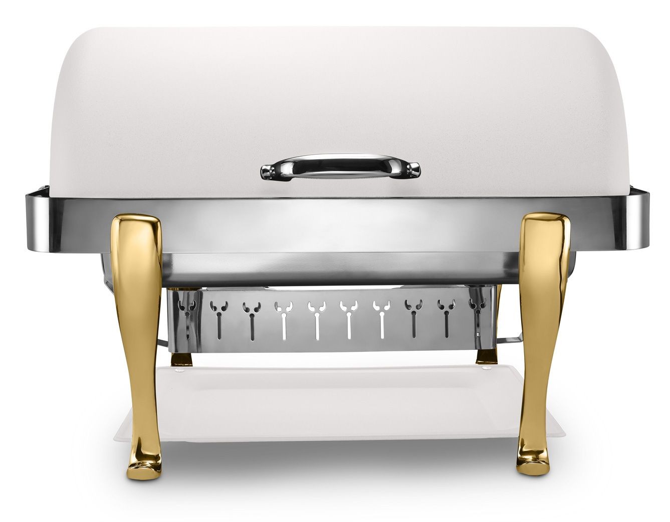 Bon Chef 19040-Bianco Elite Dripless Rectangular Roll Top Chafer with Bianco Finish, Chrome Accents and Roman Legs, 8 Qt.