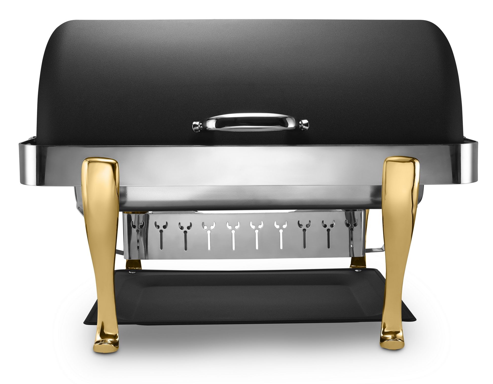 Bon Chef 19040-Nero Elite Dripless Rectangular Roll Top Chafer with Nero Finish, Brass Accents and Roman Legs, 8 Qt.