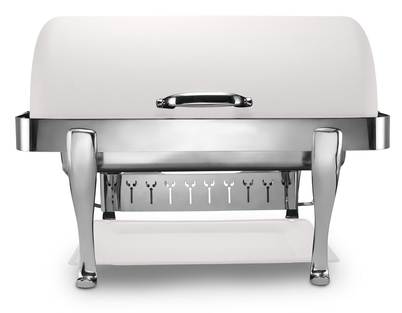 Bon Chef 19040CH-Bianco Elite Dripless Rectangular Roll Top Chafer with Bianco Finish, Chrome Accents and Roman Legs, 8 Qt.