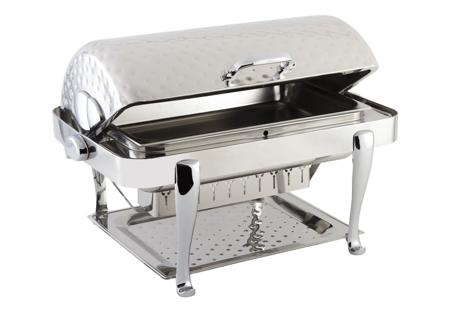 Bon Chef 19040CHH Elite Dripless Rectangular Roll Top Chafer with Chrome Accents, Hammered Finish, Roman Legs, 8 Qt.