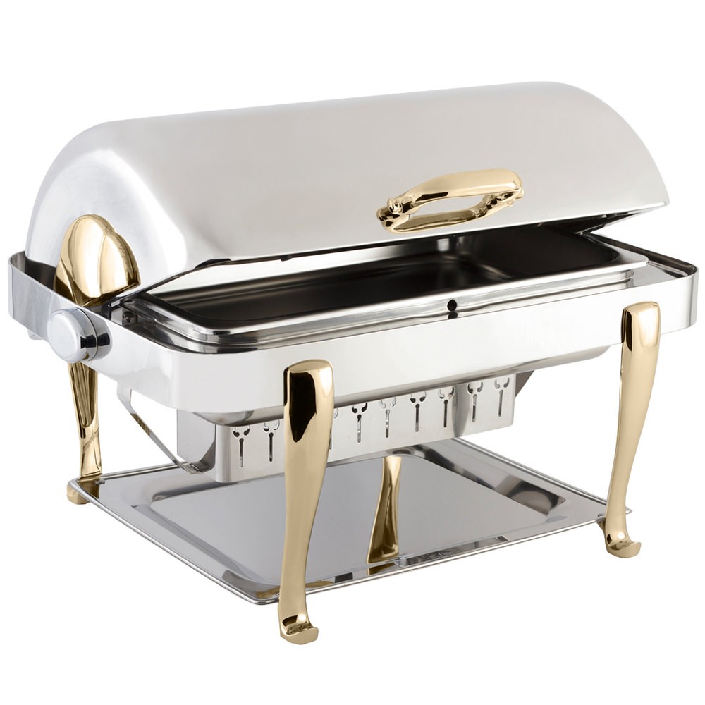 Bon Chef 19040G Elite Dripless Rectangular Roll Top Chafer with Gold Plated Accents and Roman Legs, 8 Qt.