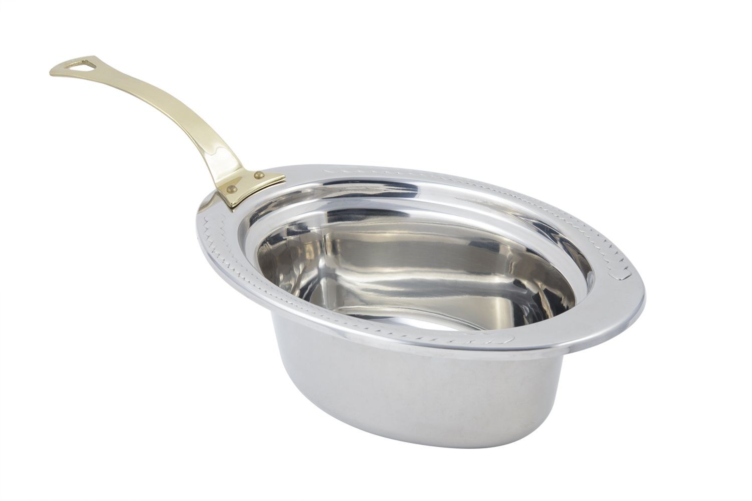 Bon Chef 5403HL Laurel Design Oval Food Pan with Long Brass Handle, 3 3/4 Qt.