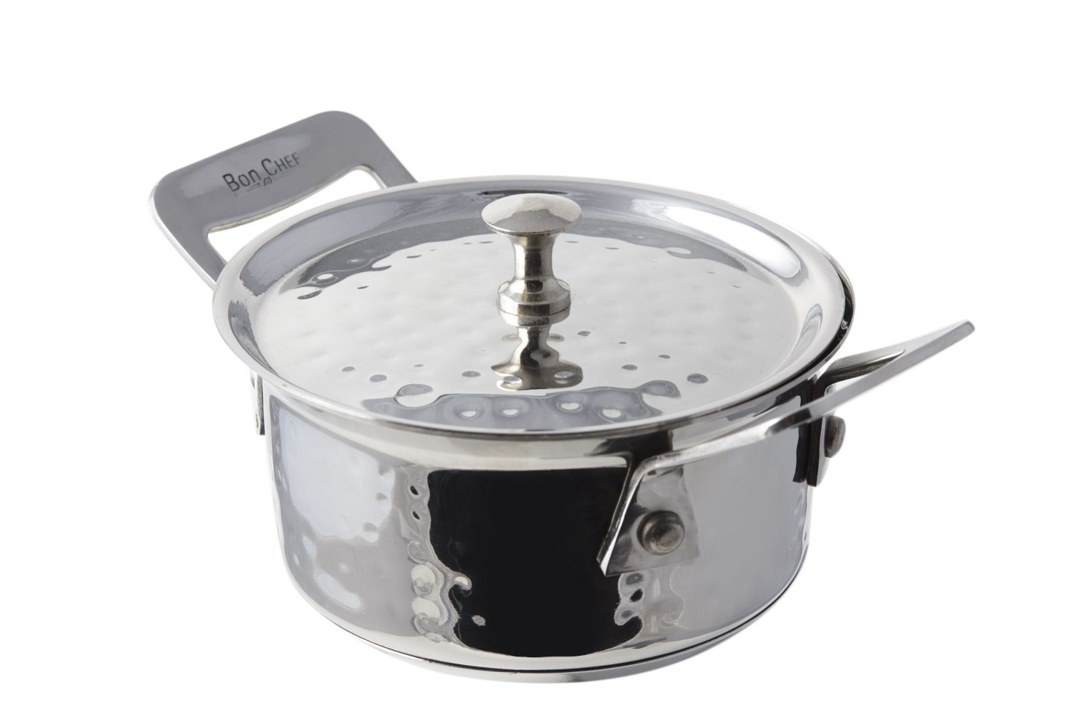 Bon Chef 60021HF Cucina Stainless Steel Round Side Dish with Lid, Hammered Finish, 11 oz.