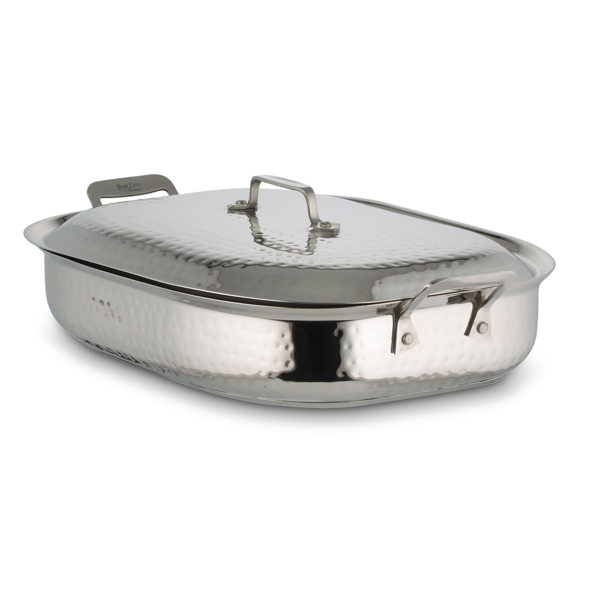 Bon Chef 60023CLDHF Cucina Stainless Steel Oblong Pan with Lid, Hammered Finish, 5 Qt.
