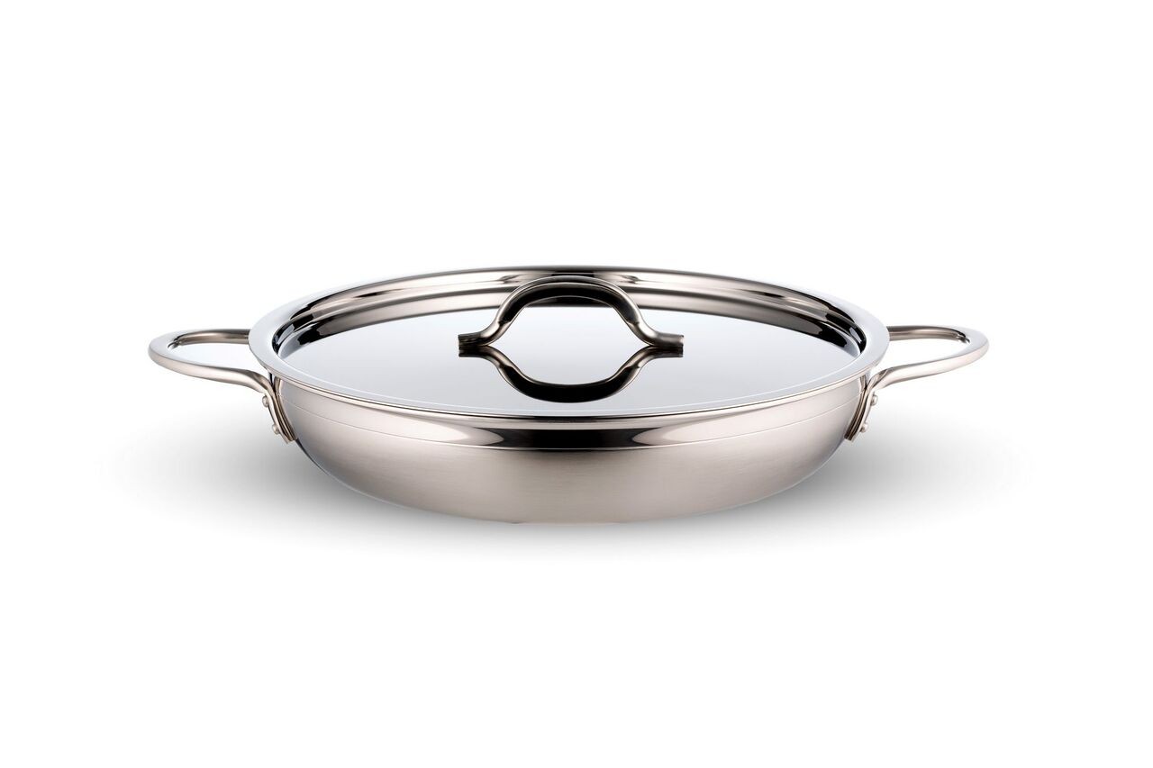 Bon Chef 60306-2ToneSSHL Country French Two Tone Stainless Steel Saute Pan with Hinged Lid, Double Handle, 3 Qt. 4 oz.
