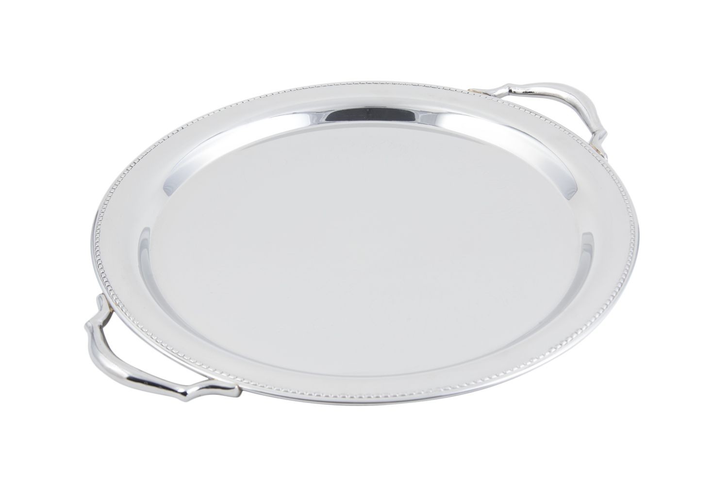 Bon Chef 61335 Stainless Steel Round Tray with Handles, Etching, and Bead Border, 15" Dia.