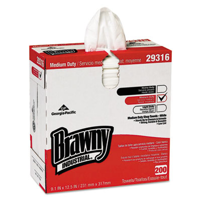 Brawny Industrial Lightweight Shop Towel, 9-1/10" x 12-1/2", White, 200/Box