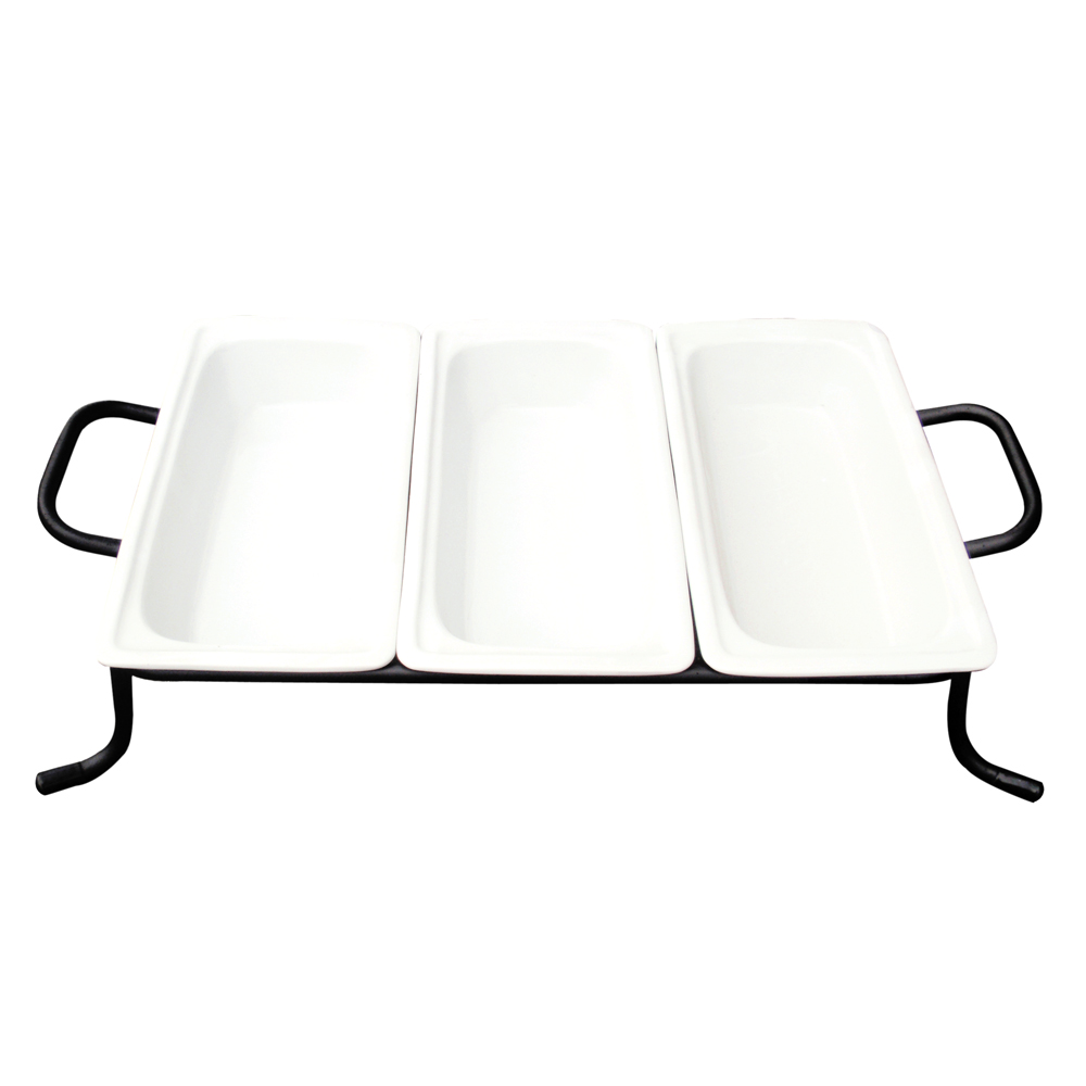 CAC China BF-G313 Super White Porcelain 1/3 Size GN Food Pan Set with 2 Divider Bars & Rack 12 3/4" - 4 sets