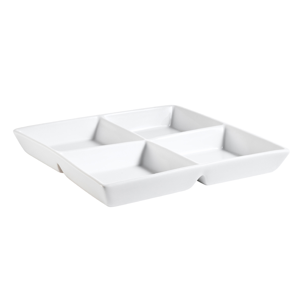 CAC China CMP-D8 Super White Porcelain 4 Compartment Square Tray 4 oz. x 4, 8" - 2 dozen