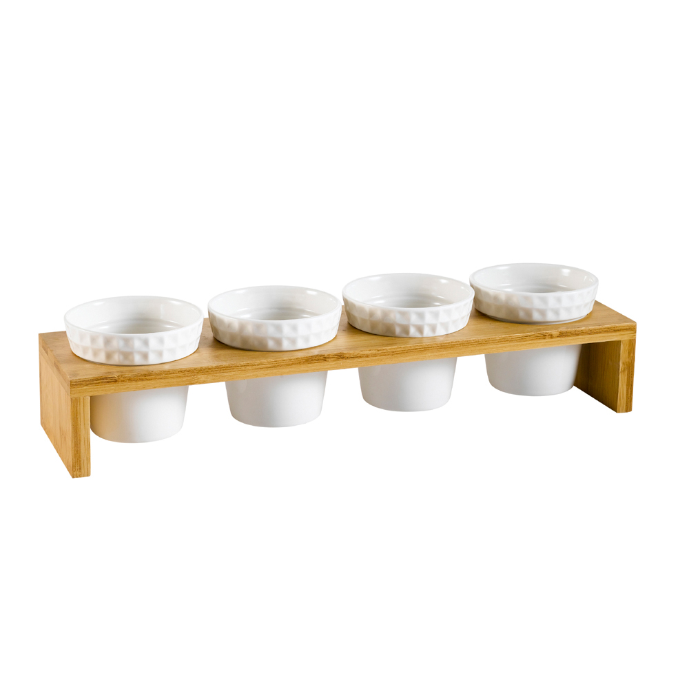 CAC China PTW-4 Accessories Bone White (4) 5 oz. Round Bowls with Rectangular Bamboo Stand 3 1/2" x 15 3/4"  - 12 sets