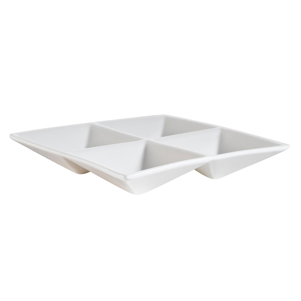 CAC China CMP-A7 Accessories Bone White Porcelain 4 Compartment Square Dish 6 1/2" - 2 dozen