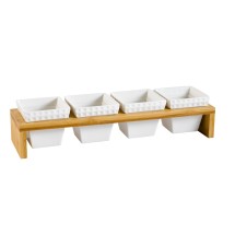 CAC China PTW-5 Accessories 4 Bone White Square Bowls 7 oz. with Rectangular Bamboo Stand 3 1/2&quot; x 15 3/4&quot;  - 12 sets