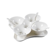 CAC China PTB-11SET Paris-French Bone White Condiment Set with 5 Cups 4 oz. x5, 5 Spoons & Tray 4 3/8 I 8 3/4&quot;  - 12 sets