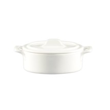 CAC China GMJ-7 RCN Specialty Super White Porcelain Oval Gourmet Jar with Lid 16 oz., 7 1/2&quot; - 2 dozen