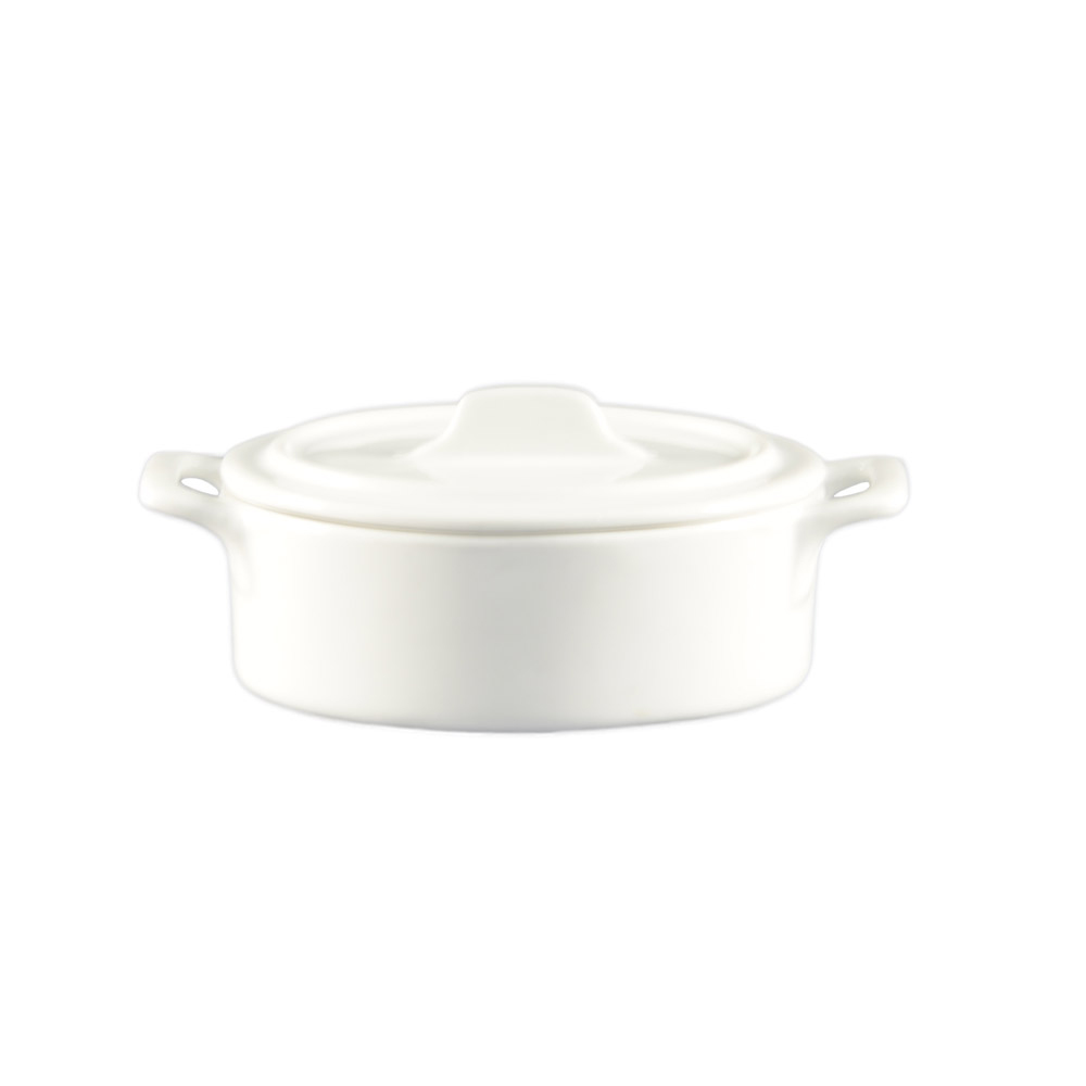 CAC China GMJ-7 RCN Specialty Super White Porcelain Oval Gourmet Jar with Lid 16 oz., 7 1/2" - 2 dozen