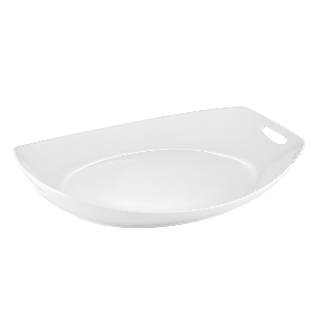 CAC China MX-STU41 Catering Collection Super White Porcelain Squared Oval Tray with Handles 14"  - 1 dozen