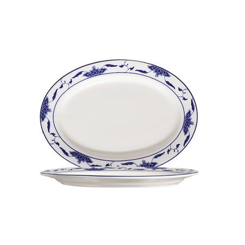 CAC China 103-12 Blue Lotus Platter with Decorative Rim 10 1/4" - 2 dozen