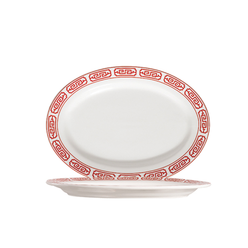 CAC China 105-12 Red Gate Porcelain Platter with Decorative Rim 10 1/4" - 2 dozen