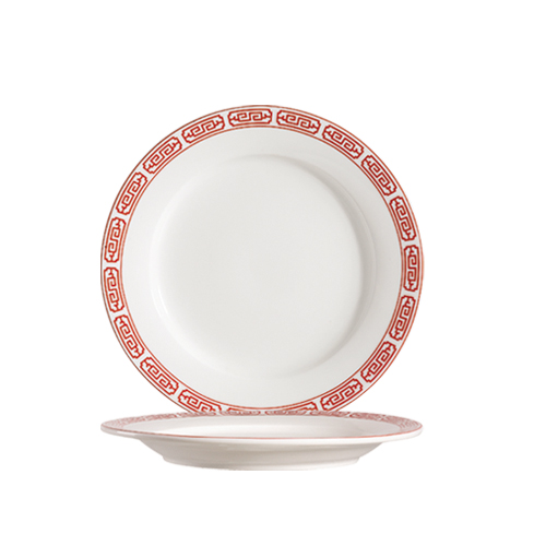 CAC China 105-6 Red Gate Porcelain Plate with Decorative Rim 6 1/4" - 6 dozen