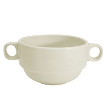 CAC China REC-49 American White Stoneware Stacking Bouillon Cup with Handles 10 oz., 6&quot; - 2 dozen