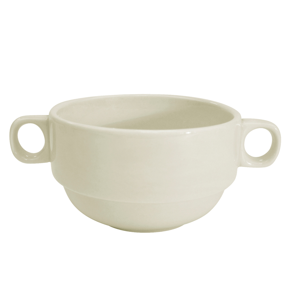CAC China REC-49 American White Stoneware Stacking Bouillon Cup with Handles 10 oz., 6" - 2 dozen