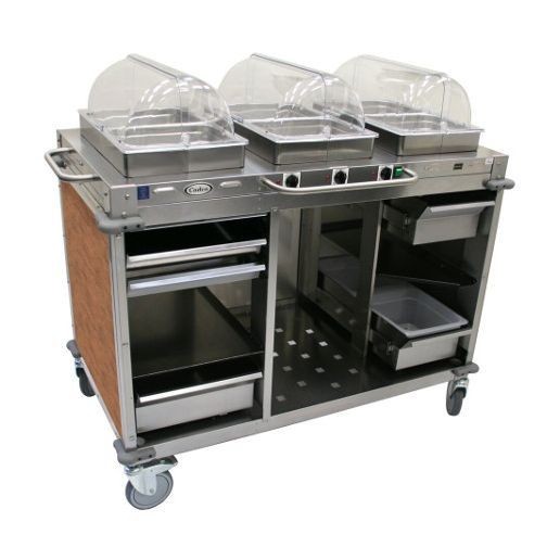 Cadco CBC-HHH-L1 3-Bay Mobile Hot Buffet Cart, 2-1/2" Deep Pans, Chestnut