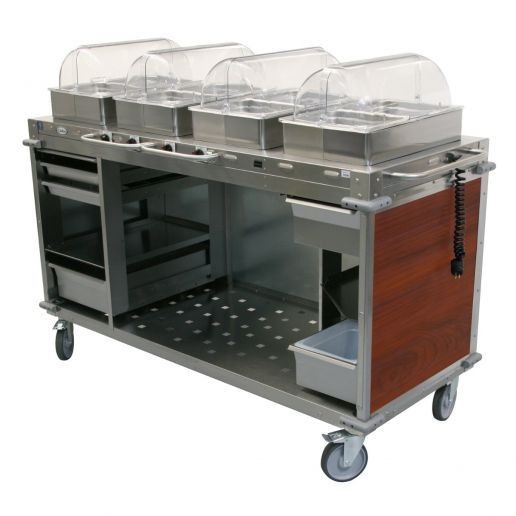 Cadco CBC-HHHH-L5-4 4-Bay Mobile Hot Buffet Cart, 4" Deep Pans, Cherry 