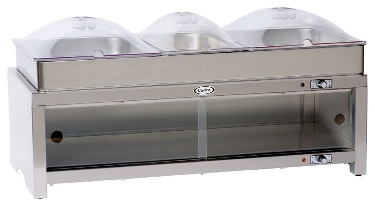 Cadco CMLB-CSLP Warming Cabinet and Triple Buffet Server with Clear Lids