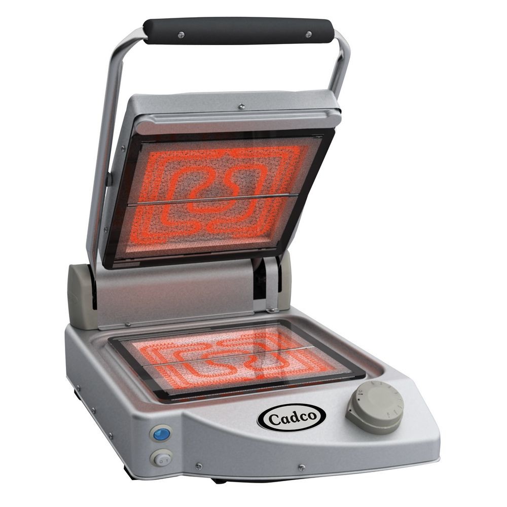 Cadco CPG-10FC(120) Panini Single Grill with Smooth Clear Top and Glass-Ceramic Plates, 120V