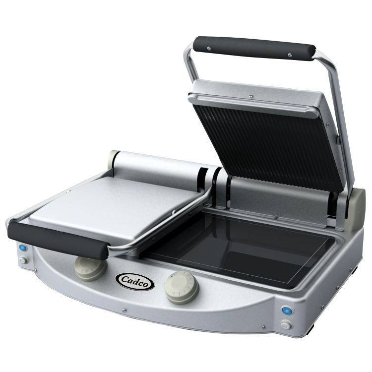 Cadco CPG-20 Panini Double Grill with Ribbed Top, Black Glass Ceramic Plates