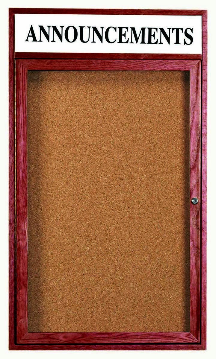 Aarco Products CBC4836RH 1-Door Indoor Enclosed Bulletin Board with Cherry Frame and Header 36"W x 48"H