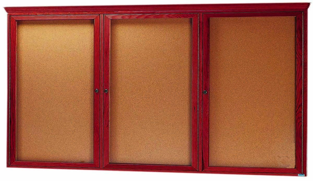Aarco Products CBC3672RC 3-Door Indoor Enclosed Bulletin Board with Cherry Frame and Crown Molding 72"W x 36"H