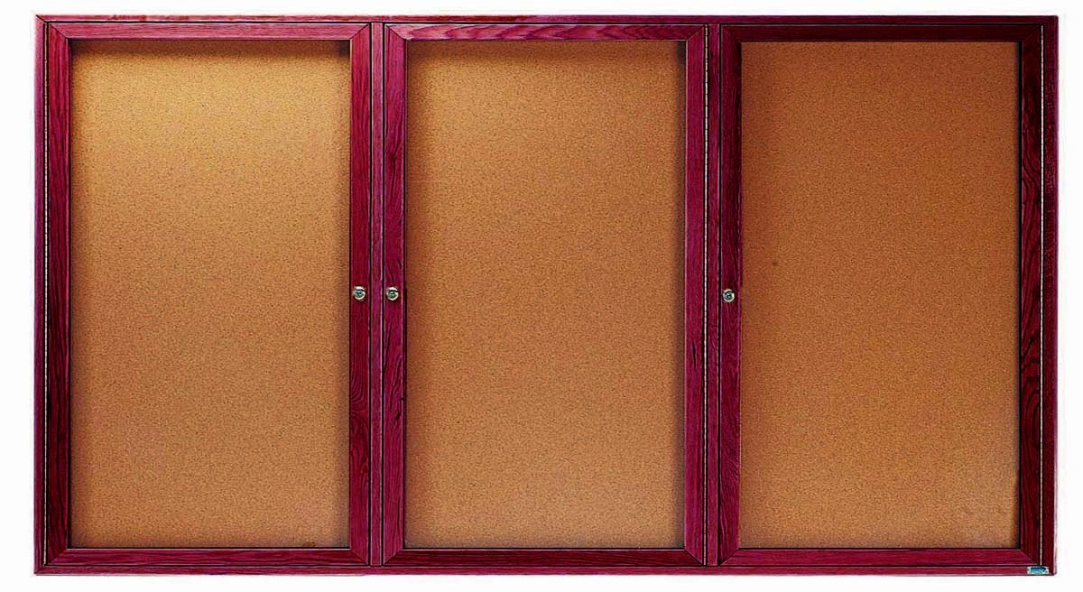 Aarco Products CBC4896-3R 3-Door Indoor Enclosed Bulletin Board with Cherry Frame, 96"W x 48"H 