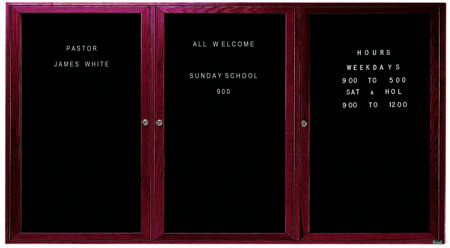Aarco Products CDC3672-3 3-Door Enclosed Changeable Letter Board with Cherry Frame, 72"W x 36"H 
