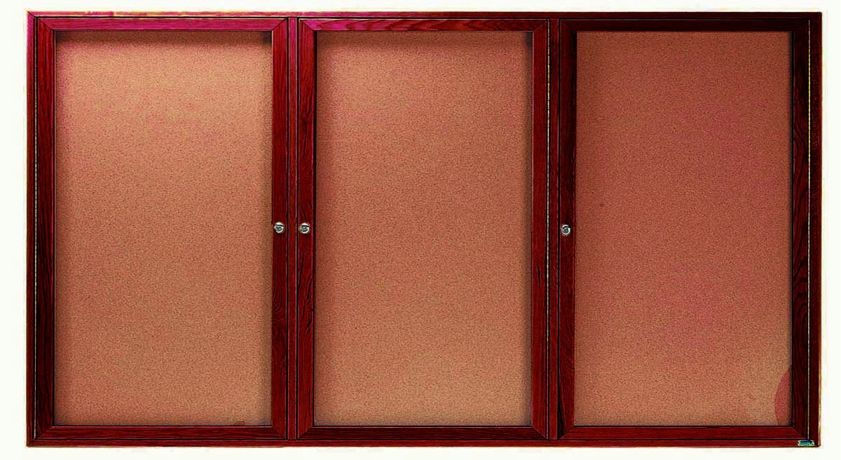 Aarco Products CBC3672- 3R 3-Door Indoor Enclosed Bulletin Board with Cherry Frame, 72"W x 36"H 