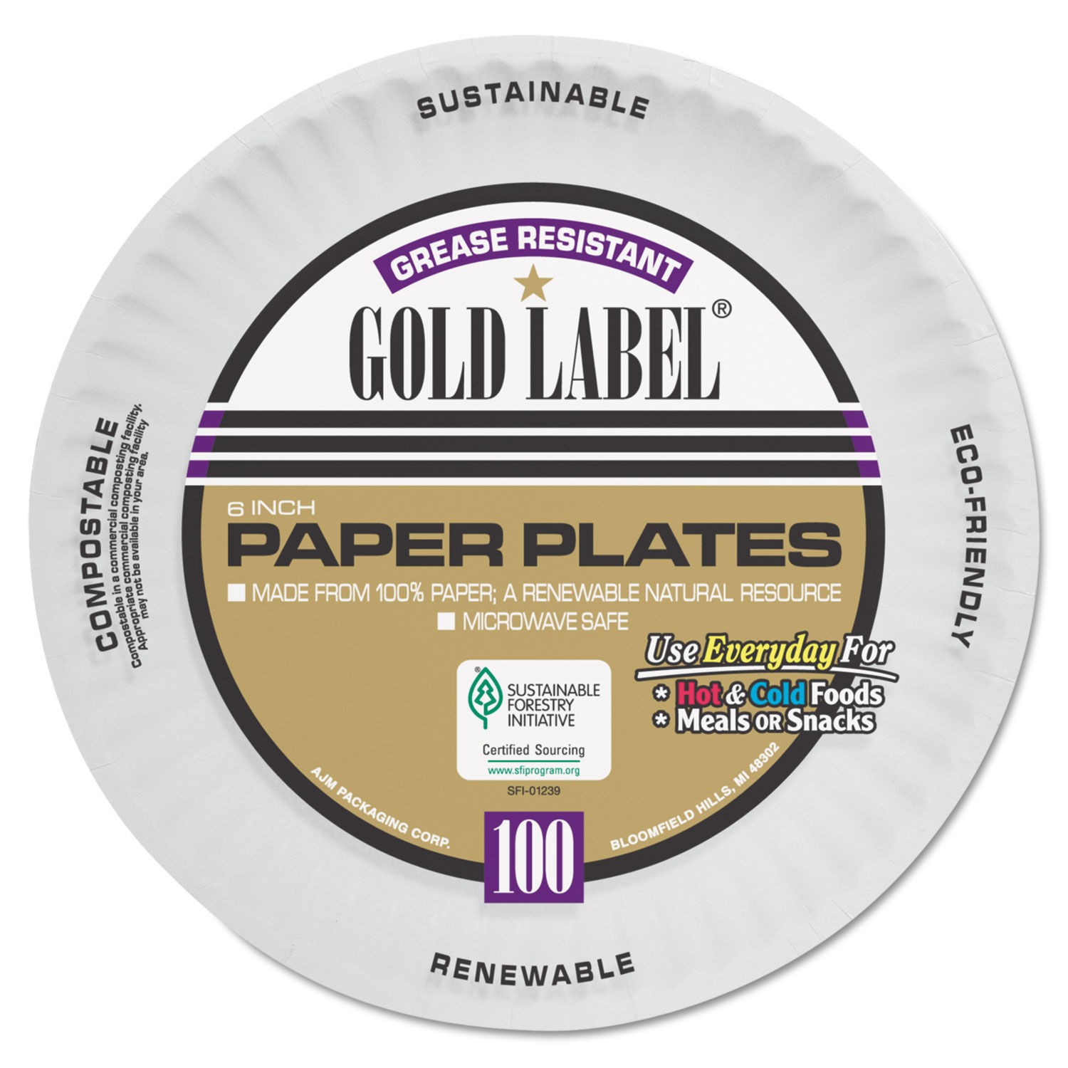 AJM  Gold Label White Paper Plates 6" 1200/Carton