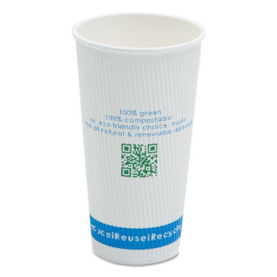 Compostable Insulated Ripple-Grip Hot Cups, 20 oz, White, 500/Carton