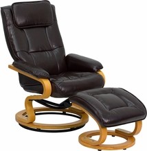 Flash Furniture BT-7615-BN-CURV-GG Contemporary Brown Leather Recliner and Ottoman with Swiveling Maple Wood Base