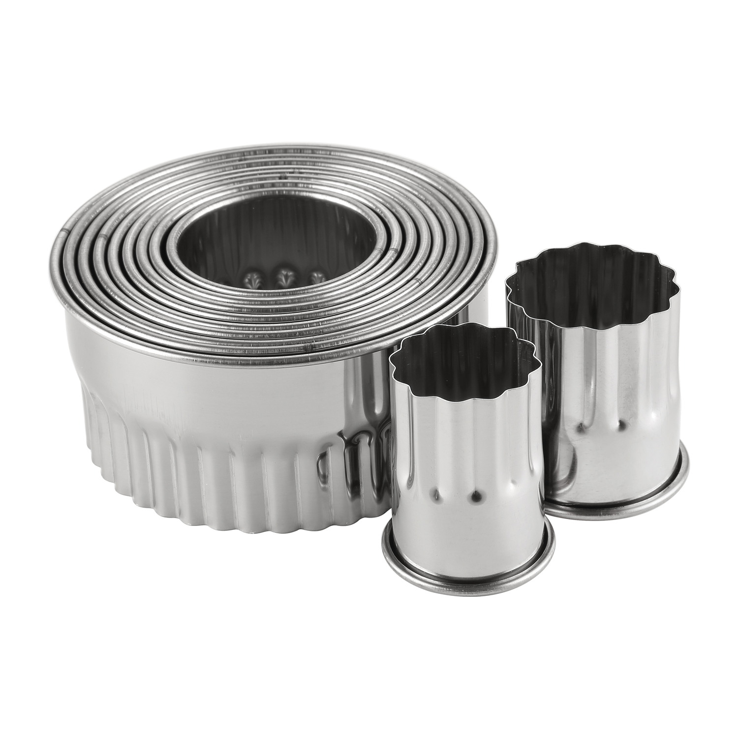 CAC China B10CT-11F 11-Piece Cookie/Pastry Cutter Set, Round Fluted Edge 2" H