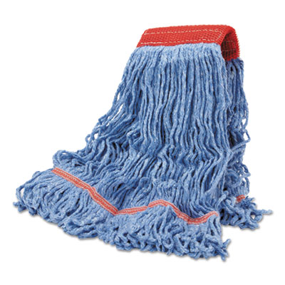 Cotton Mop Heads, Cotton/Synthetic, Large, Looped End, Wideband, Blue, 12/Carton