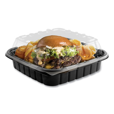Crisp Foods Technologies Containers, 33 oz, 8.46 x 8.46 x 3.16, 1 Compartment, Clear/Black, 180/Carton