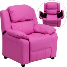 Flash Furniture BT-7985-KID-HOT-PINK-GG Deluxe Heavily Padded Contemporary Hot Pink Vinyl Kids Recliner with Storage Arms