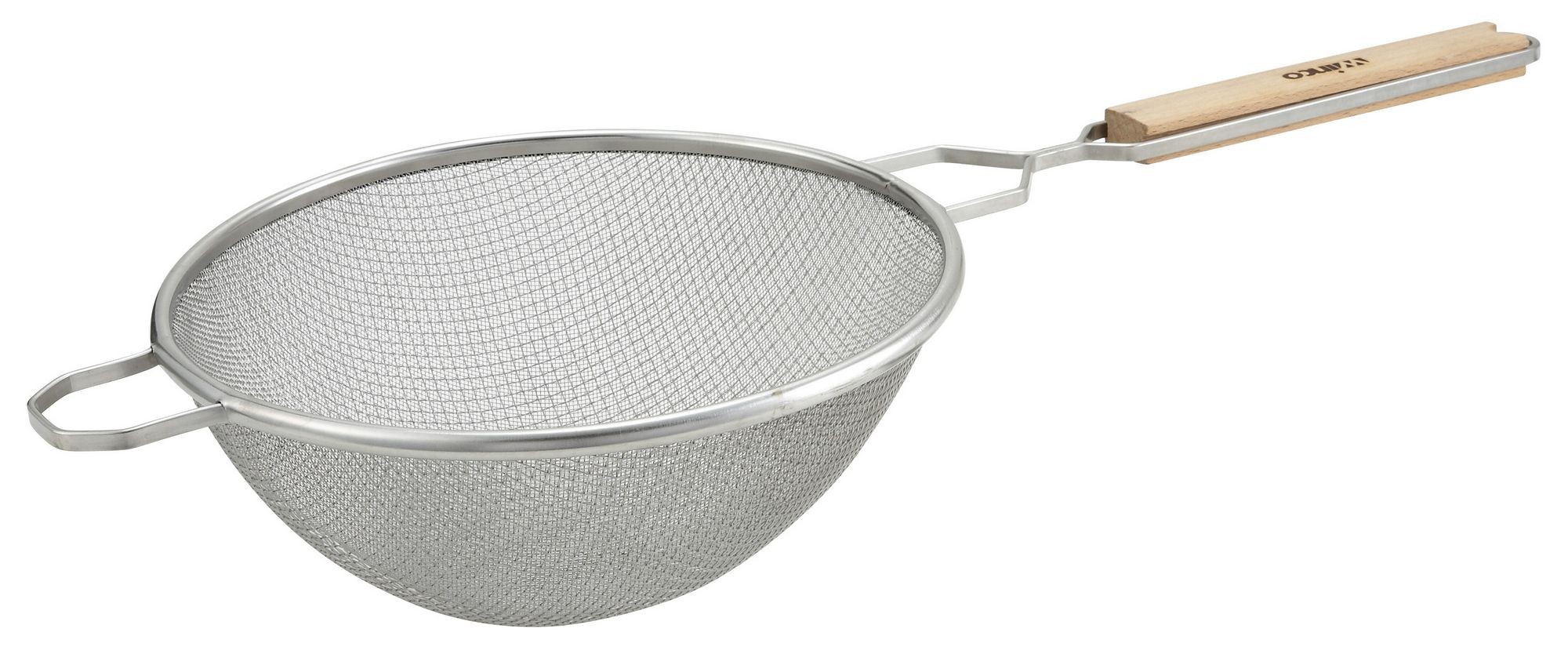 Winco MS2K-10D Double Fine Mesh Strainer with Flat Wooden Handle 10-1/2"