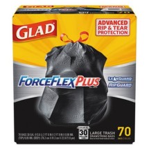 Glad Drawstring ForceFlex 30 Gallon Large Trash Bags, 30 x 32, 1.05ml, Black, 70/Carton