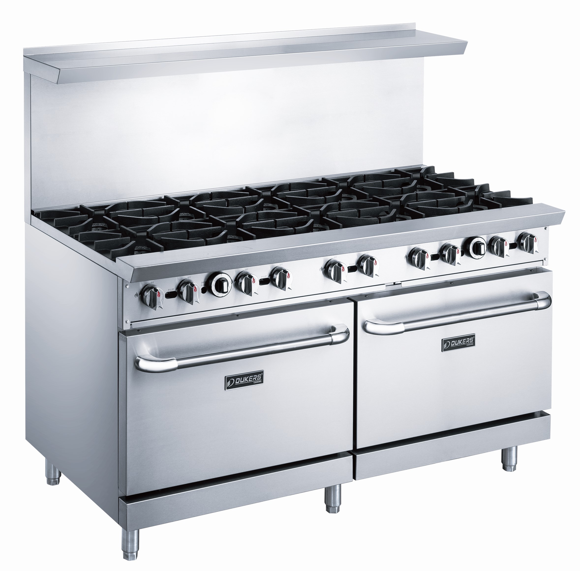 Dukers DCR60-10B 60" Gas Range with 10 Open Burners and Two Ovens - 400,000 BTU