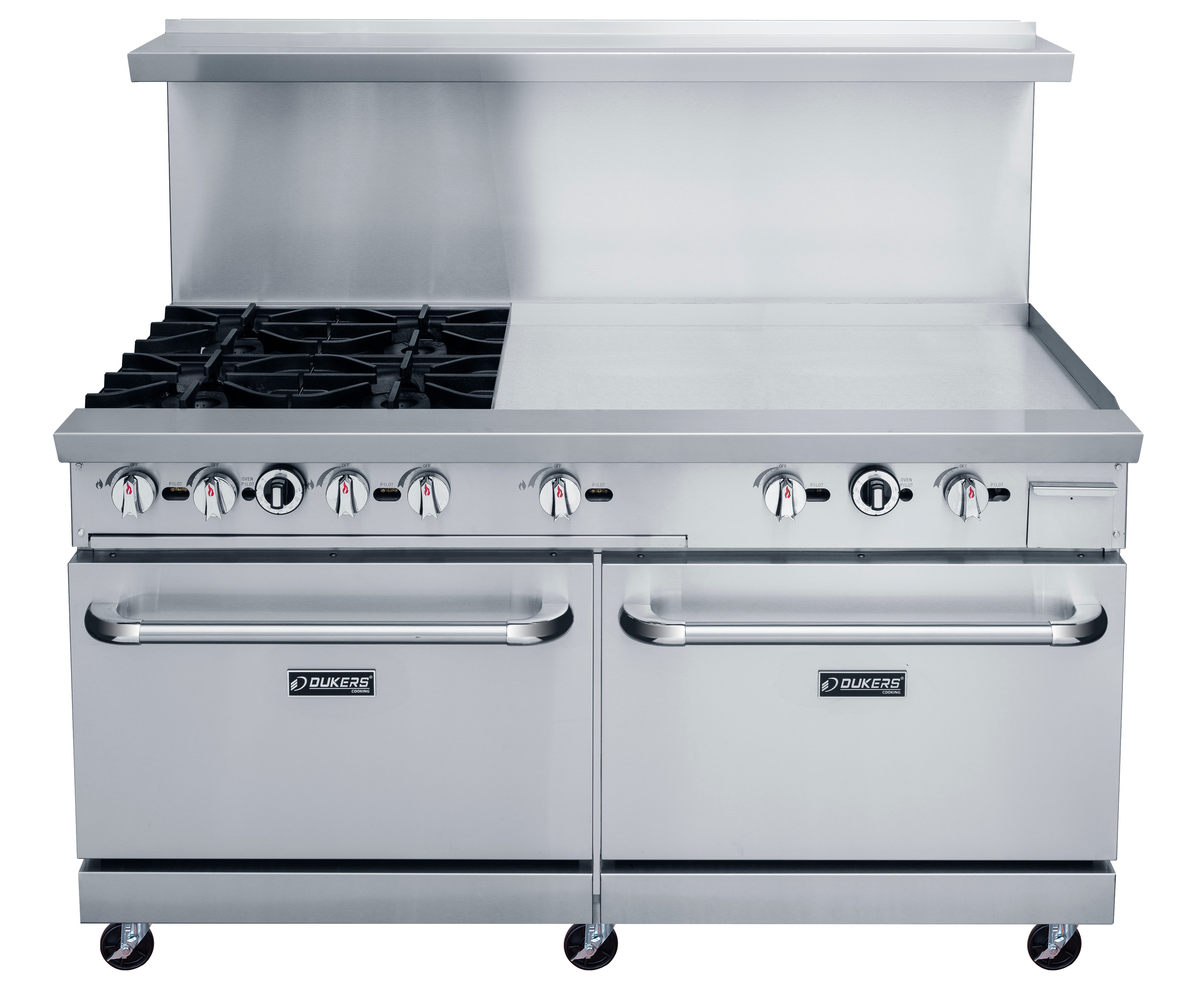 Dukers DCR60-4B36GM 60" Gas Range with 4 Open Burners, 36" Griddle, and Two Ovens - 268,000 BTU